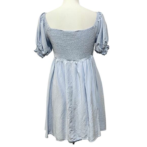 Altar’d State Dress Mini Tie Front Puff Sleeve Light Blue Empire Waist Womens M - Picture 5 of 9